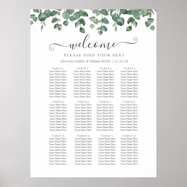 Poster Elegant Eucalyptus Greenery Wedding Seating Chart (Devant)