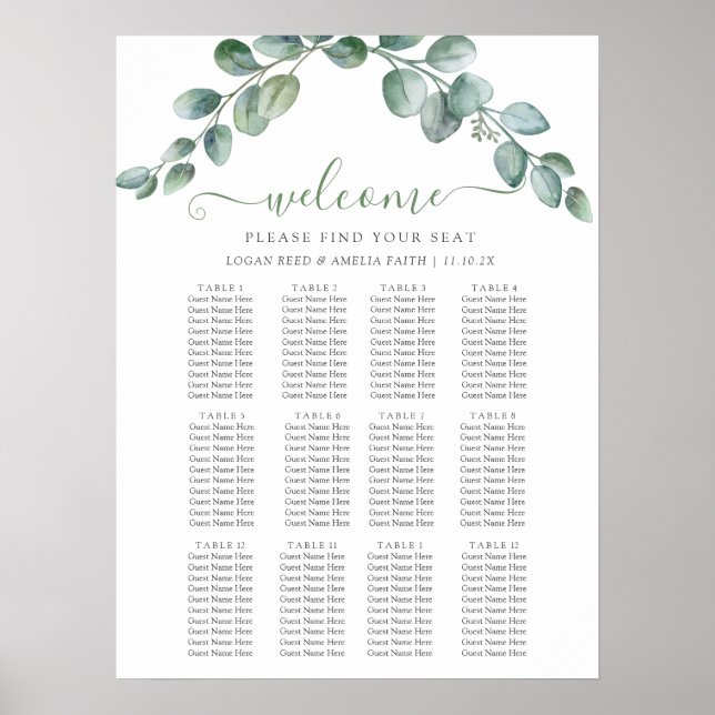 Poster Elegant Eucalyptus Greenery Wedding Seating Chart (Devant)