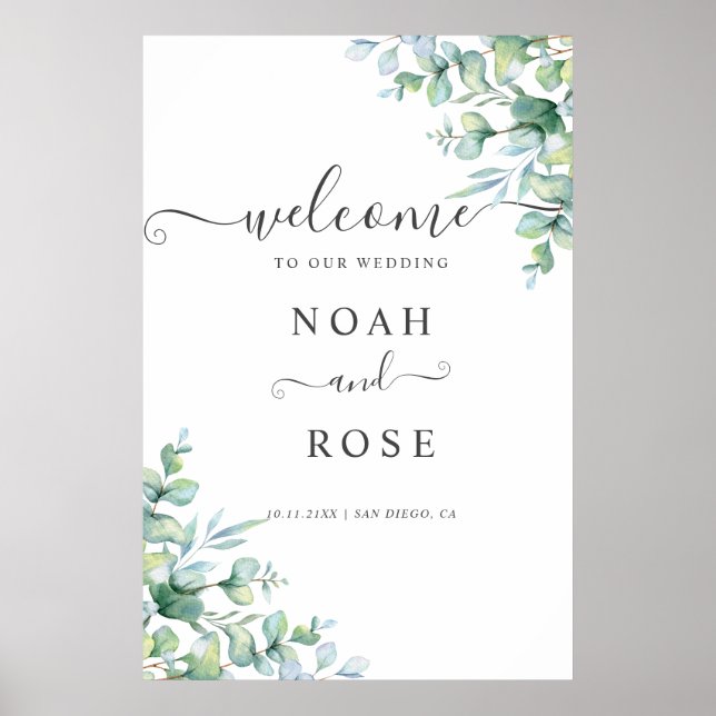 Poster Elegant  Eucalyptus Greenery Wedding Welcome Sign (Devant)