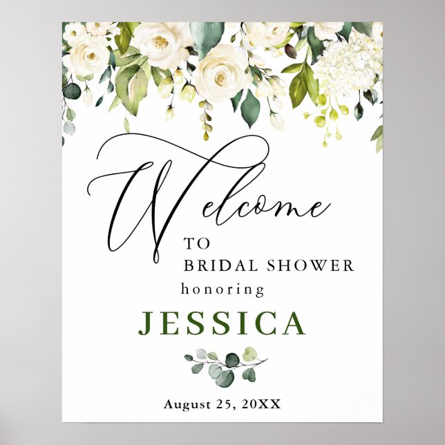 Poster Elegant Eucalyptus Roses Blanches Baby Shower Mari (Devant)