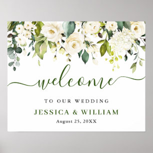 Poster Elégant Eucalyptus White Roses Mariage Bienvenue