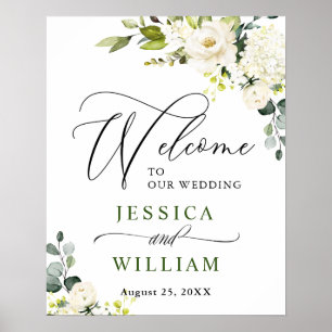 Poster Elégant Eucalyptus White Roses Mariage Bienvenue