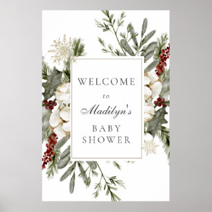 Poster Elégant Evergreens et Florals d'hiver Baby Welcome