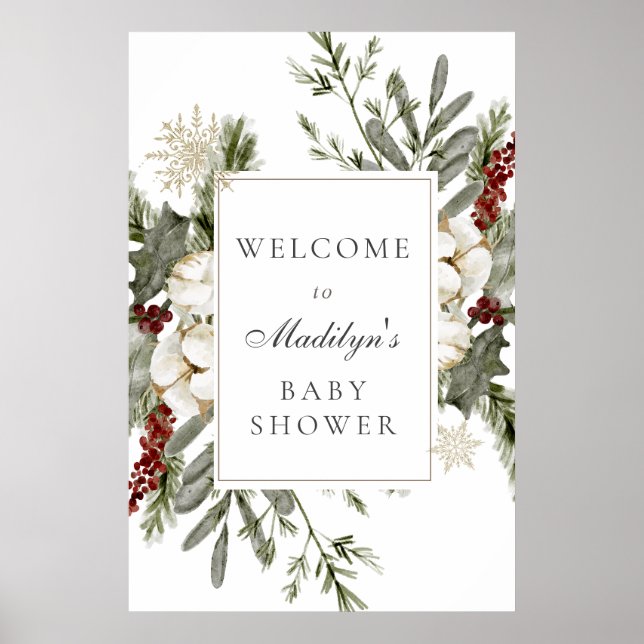 Poster Elégant Evergreens et Florals d'hiver Baby Welcome (Devant)