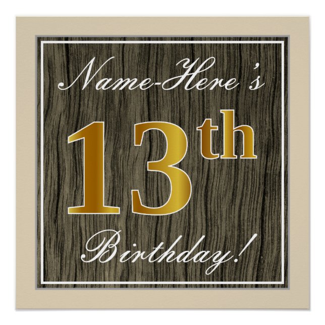 Poster Elégant, Faux Wood, Faux Gold 13e anniversaire + N (Devant)