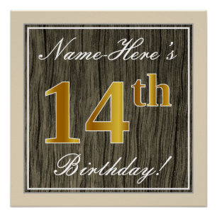 Poster Elégant, Faux Wood, Faux Gold 14ème Anniversaire +
