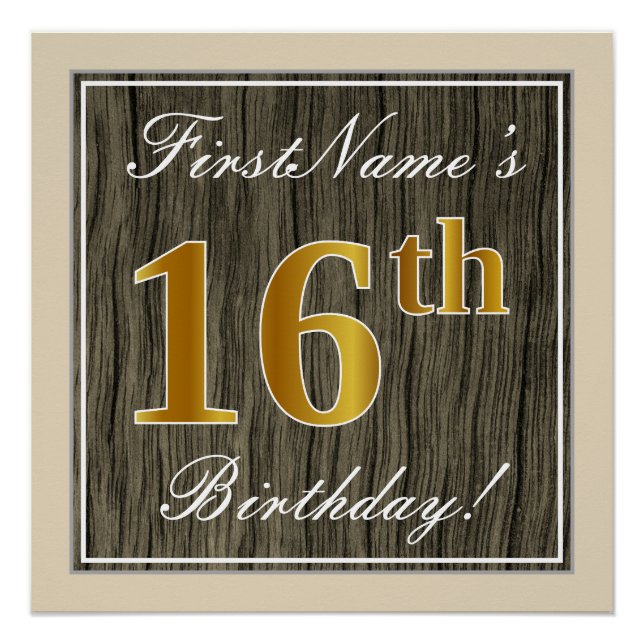 Poster Elégant, Faux Wood, Faux Gold 16e anniversaire + N (Devant)