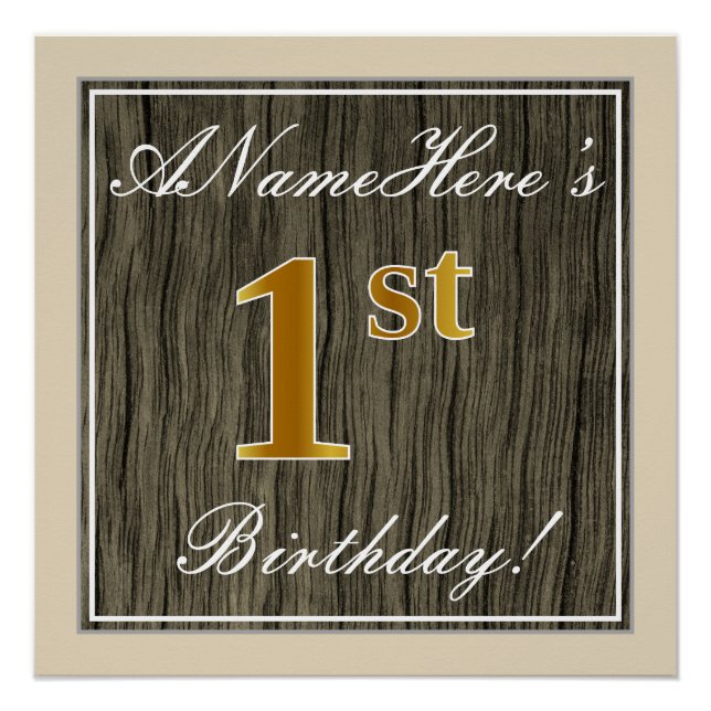 Poster Elégant, Faux Wood, Faux Gold 1er Anniversaire + N (Devant)