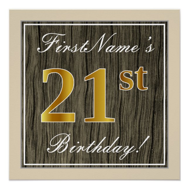 Poster Elégant, Faux Wood, Faux Gold 21e Anniversaire + N (Devant)