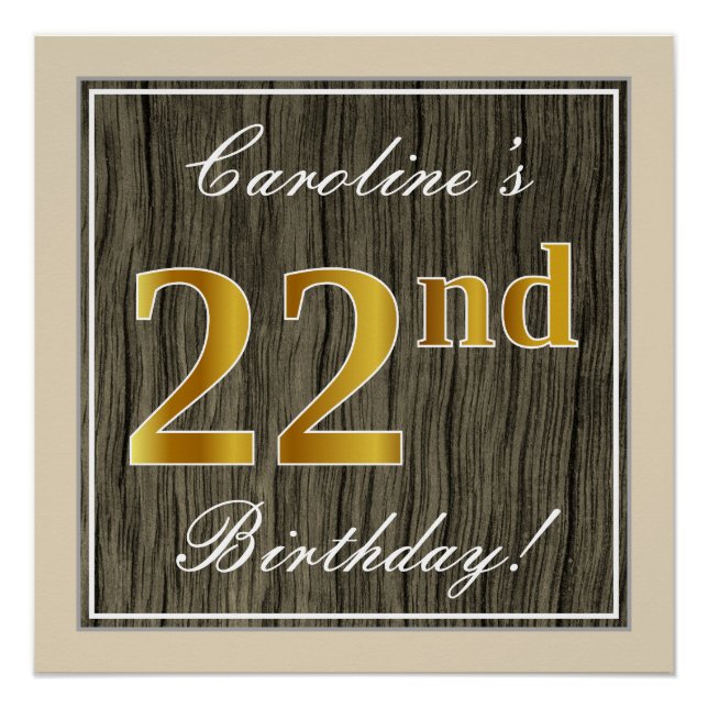 Poster Elégant, Faux Wood, Faux Gold 22e Anniversaire + N (Devant)