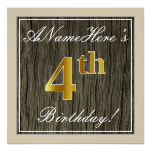 Poster Elégant, Faux Wood, Faux Gold 4ème Anniversaire +