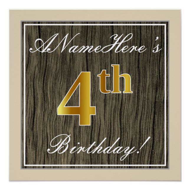 Poster Elégant, Faux Wood, Faux Gold 4ème Anniversaire +  (Devant)