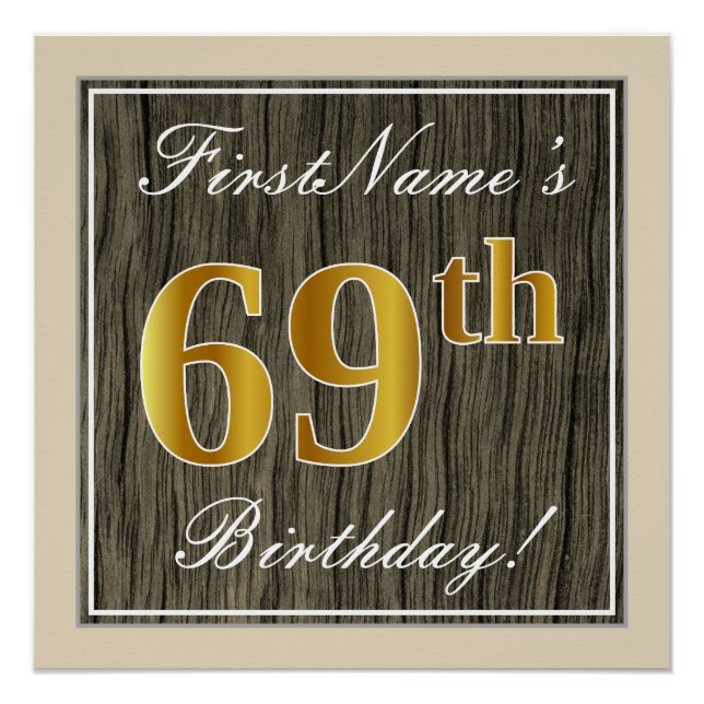 Poster Elégant, Faux Wood, Faux Gold 69e Anniversaire + N (Devant)