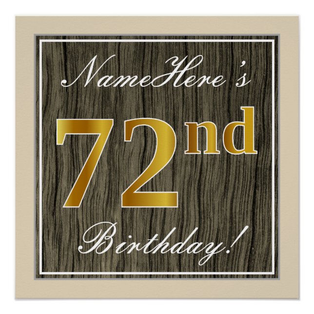 Poster Elégant, Faux Wood, Faux Gold 72e Anniversaire + N (Devant)