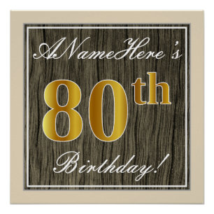 Poster Elégant, Faux Wood, Faux Gold 80e Anniversaire + N