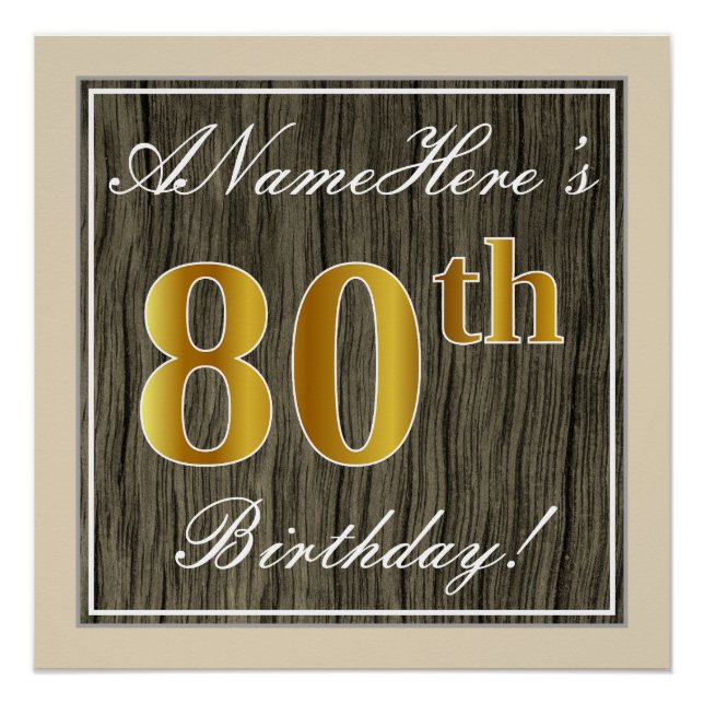 Poster Elégant, Faux Wood, Faux Gold 80e Anniversaire + N (Devant)