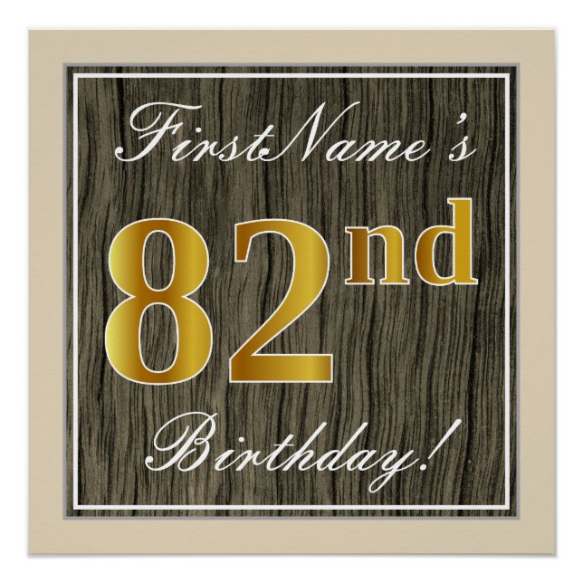 Poster Elégant, Faux Wood, Faux Gold 82ème Anniversaire + (Devant)