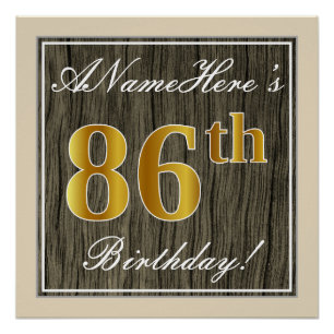 Poster Elégant, Faux Wood, Faux Gold 86ème Anniversaire +