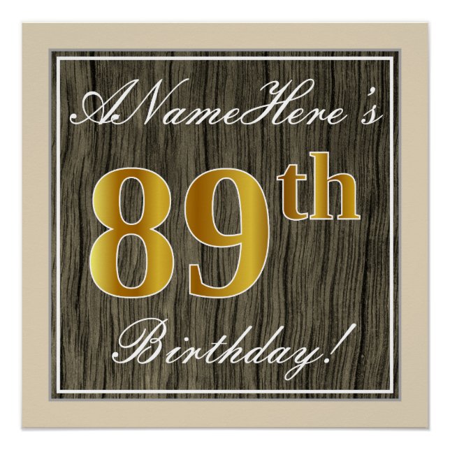 Poster Elégant, Faux Wood, Faux Gold 89e Anniversaire + N (Devant)