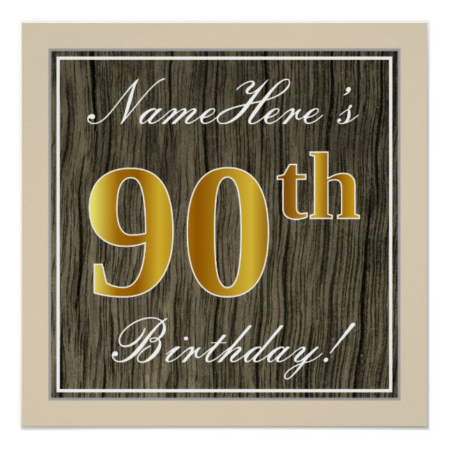 Poster Elégant, Faux Wood, Faux Gold 90e Anniversaire + N (Devant)