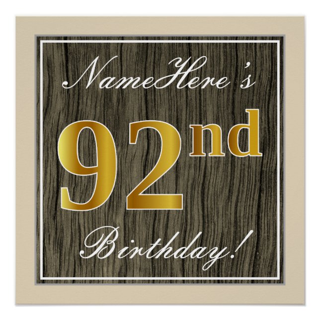 Poster Elégant, Faux Wood, Faux Gold 92e Anniversaire + N (Devant)