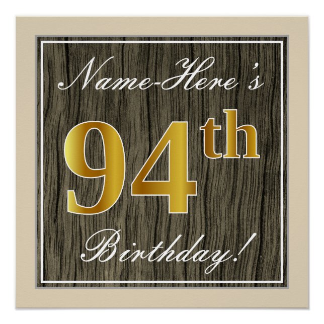 Poster Elégant, Faux Wood, Faux Gold 94ème Anniversaire + (Devant)