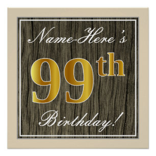 Poster Elégant, Faux Wood, Faux Gold 99e Anniversaire + N