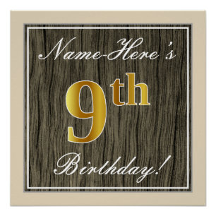 Poster Elégant, Faux Wood, Faux Gold 9e Anniversaire + No