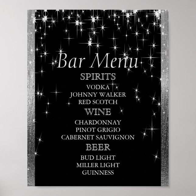 Poster Élégant Flammes Noir et Argent - Menu Bar (Devant)