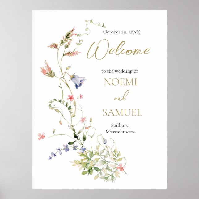 Poster Elégant Fleur sauvage aquarelle Mariage Bienvenue (Devant)
