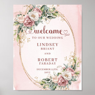 Poster Élégant floral rose poudré eucalyptus or Bienvenue