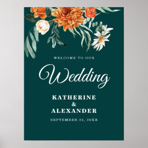 Poster Élégant Floral Turquoise Burnt Orange Mariage de b