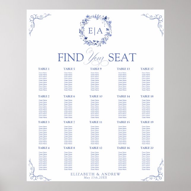 Poster Elegant Floral Wreath Wedding Seating Chart (Devant)
