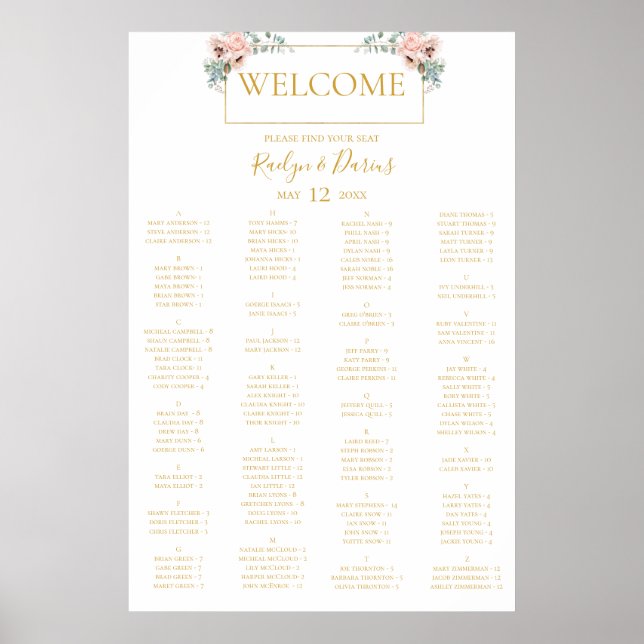 Poster Élégant flou | Graphique de sièges alphabétiques (Devant)