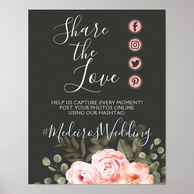 Poster Élégant flou Mariage Hashtag photo (Devant)