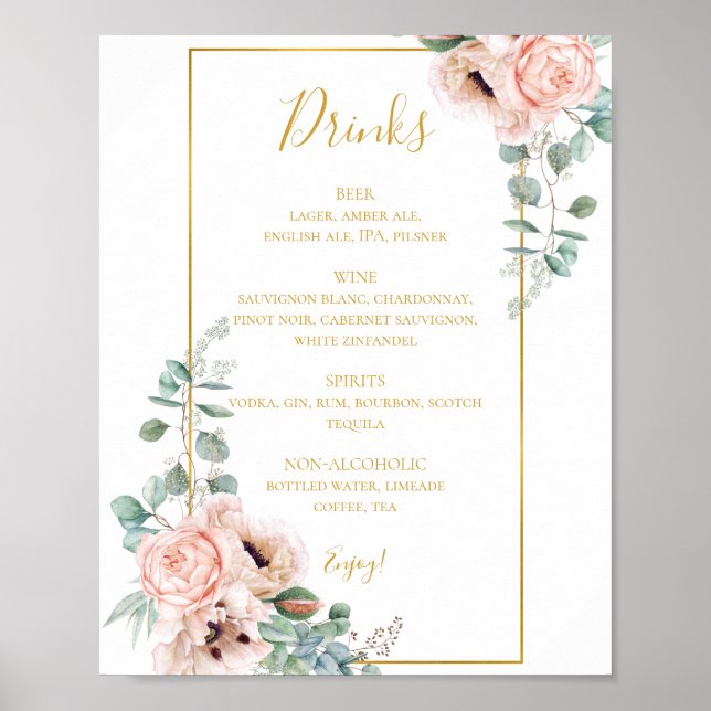 Poster Élégant flou | Panneau Menu des boissons Mariages (Devant)