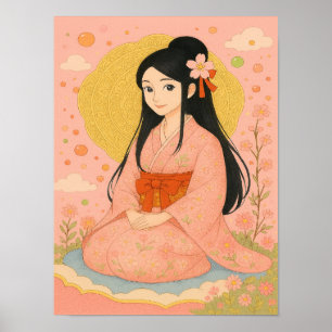 Poster Elegant Girl in Kimono - Style japonais Wall Art