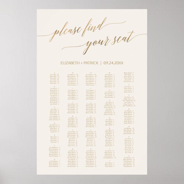 Poster Élégant Gold Calligraphy Ivory 200+ Seating Chart (Devant)