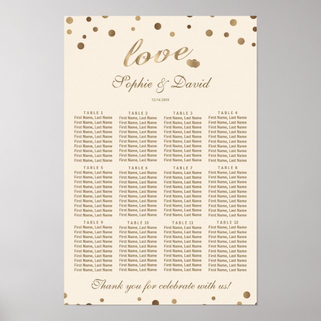 Poster Elégant Gold Confetti Love Champagne Carte de sièg (Devant)