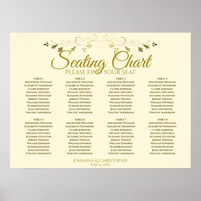 Poster Elégant Gold & Cream 8 Table Mariage Seing Chart (Devant)