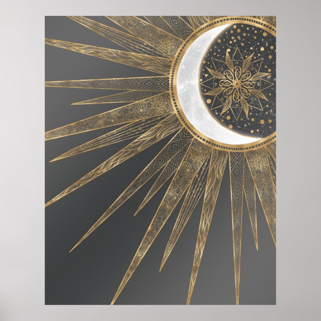 Poster Elegant Gold Doodles Sun Moon Mandala Design (Devant)