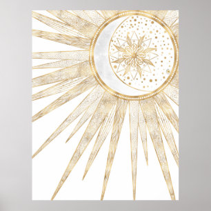 Poster Elegant Gold Doodles Sun Moon Mandala Design
