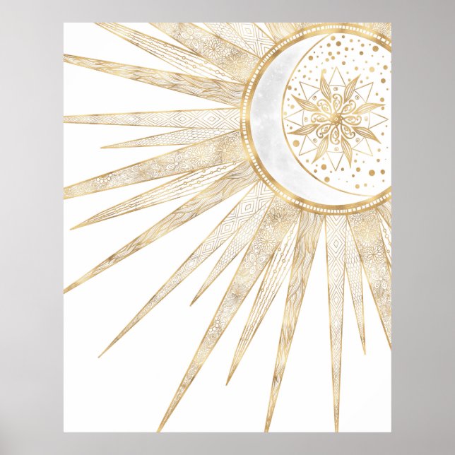 Poster Elegant Gold Doodles Sun Moon Mandala Design (Devant)