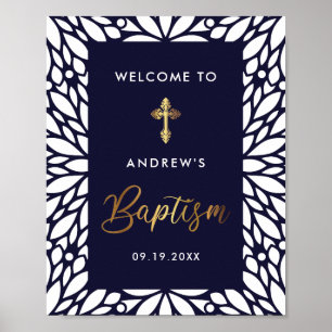 Poster Elégant Gold Et Marine Blue Boy Baptism Bienvenue