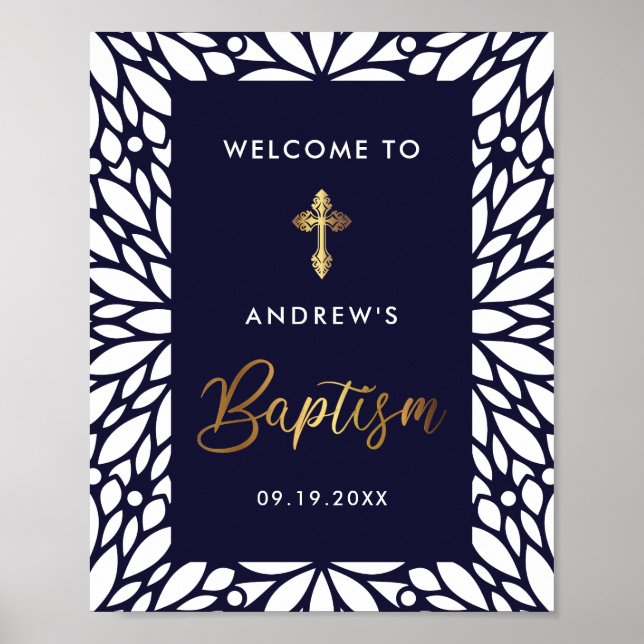 Poster Elégant Gold Et Marine Blue Boy Baptism Bienvenue (Devant)