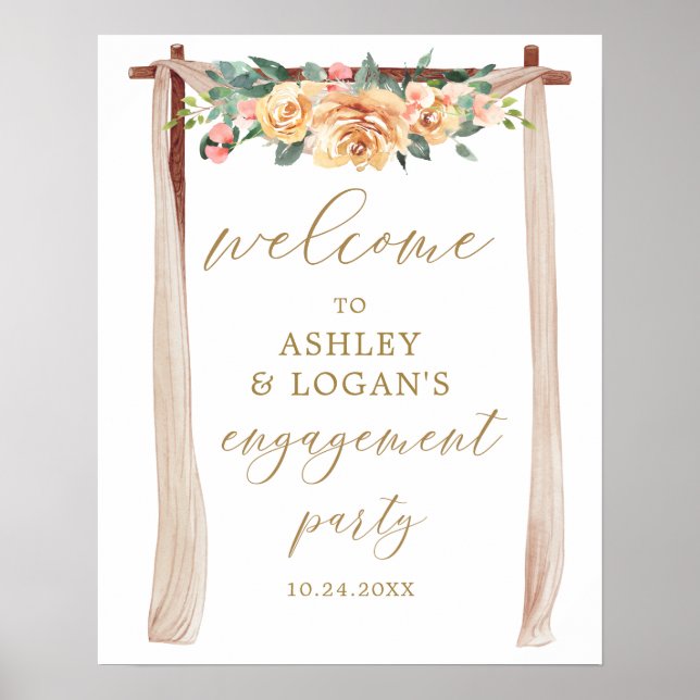 Poster Elégant Gold et Peach Floral Engagement Party (Devant)