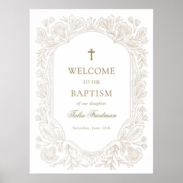 Poster Elegant Gold Floral Baptism Welcome (Devant)