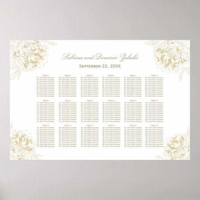 Poster Elégant Gold Floral Peony Mariage Siège (Devant)