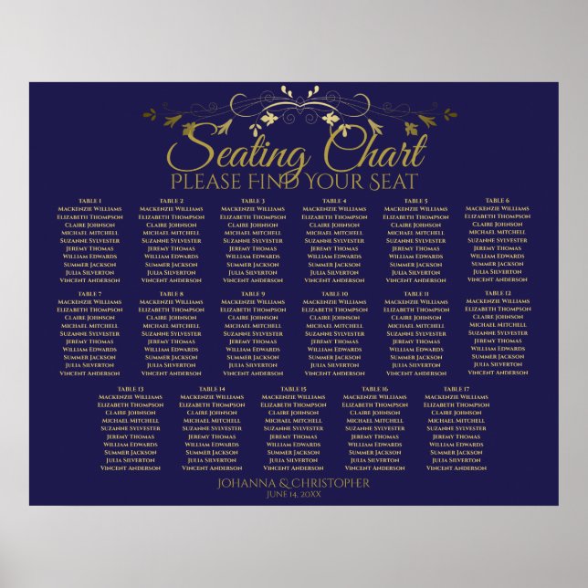 Poster Elégant Gold & Navy 17 Table Mariage Seating Chart (Devant)