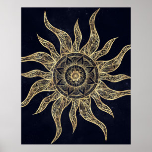 Poster Elégant Gold Sun Mandala Blue Nebula Design